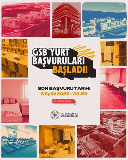GSB Yurtları için başvuru süreci an itibarıyla başladı Başvurularınızı 6 Eylül Cumartesi günü saat 23.59'a kadar e-Devlet üzerinden yapabilirsiniz.